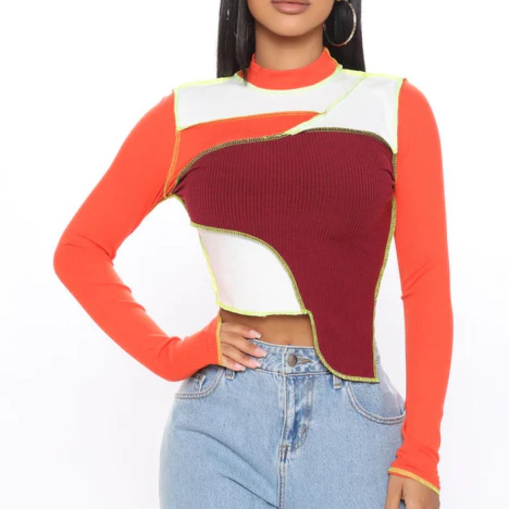 Fashion Nova Let's Block The Shade Ribbed Top - Orange/combo